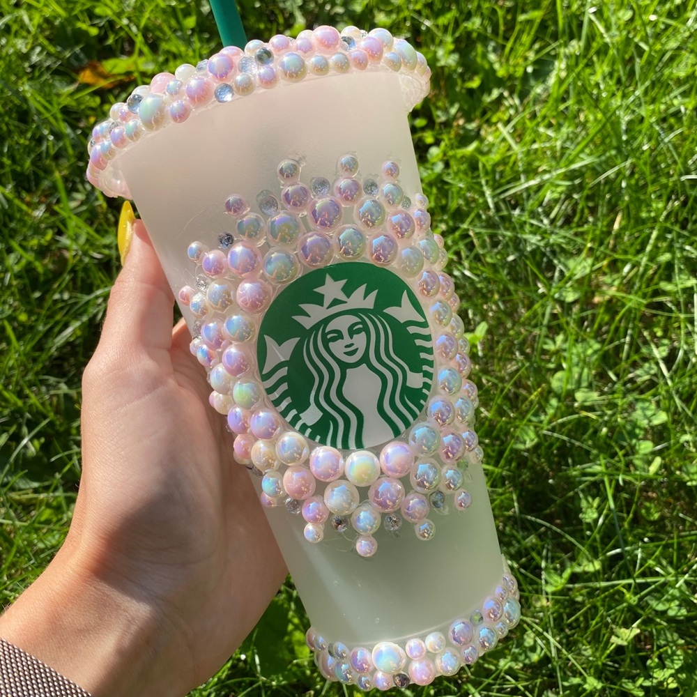 Pink and White Pearl Burst Starbucks Cold Cup